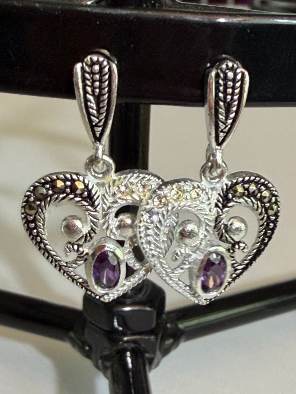 Vtg 925 Sterling Silver Amethyst Heart Dangle Earrings